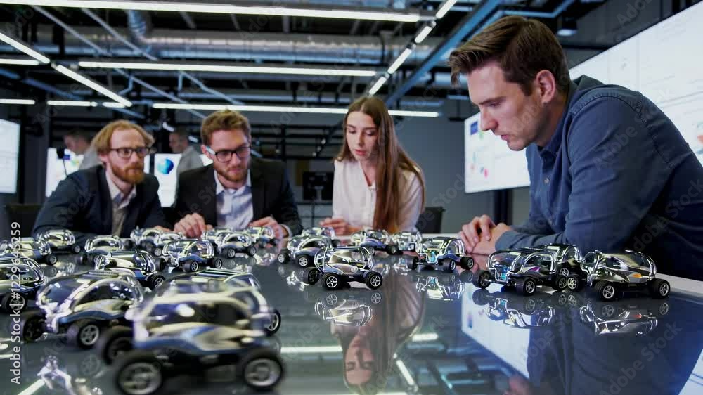 Leinwandbilder Discussing innovative automotive designs with prototypes in a high-tech workspace focusing on holograms and VFX