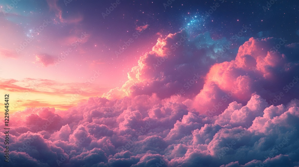 Aufkleber colorful background featuring swirling fluffy clouds shimmering stars floating across a gradient sky