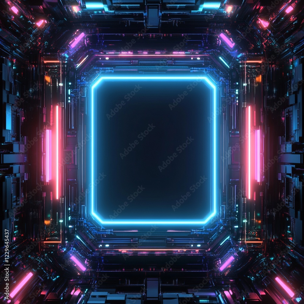 Poster a square with neon lights on the sides. the square is empty. the lights are in different colors