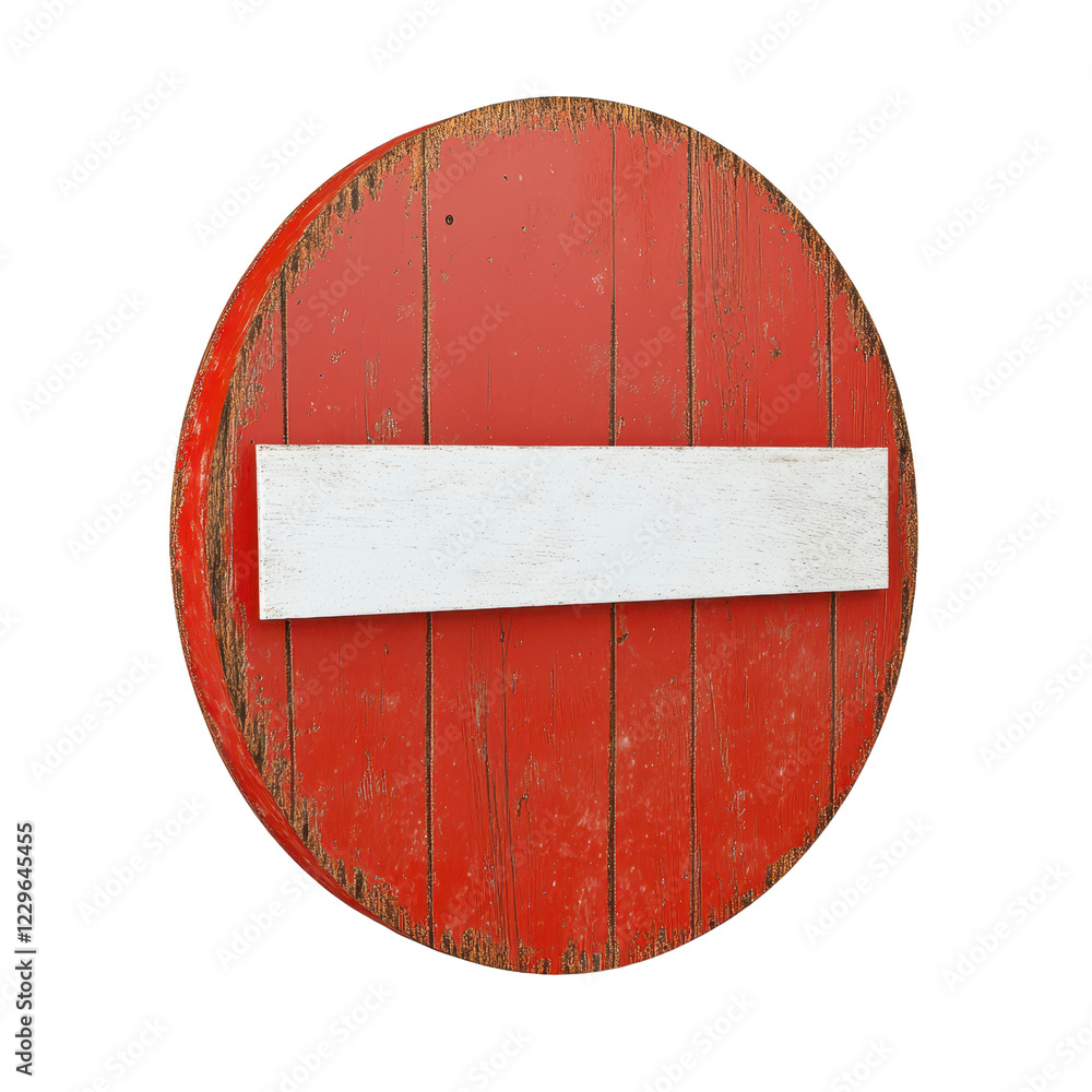 Poster a weathered red circular sign featuring a blank white panel for text or symbols., isolated on a tran