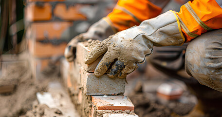 Construction worker laying bricks in a building site during daylight with safety gear for a masonry project
