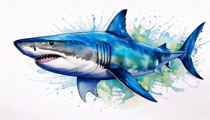 Fototapeta premium Watercolor of a shark with vibrant blue tones on a white background