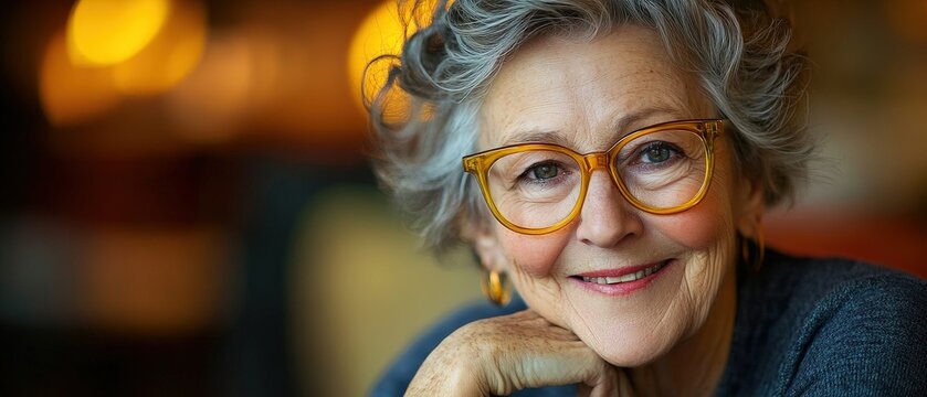 Smiling older woman with gray hair and glasses, exuding warmth and confidence while sitting in a cozy cafe, reflecting on life and experiences in a vibrant environment.