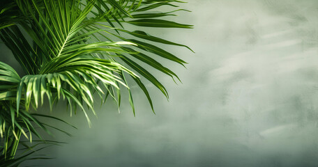 Obraz premium Lush green palm leaves contrasted with a textured gray background create a serene and calming atmosphere in a tropical setting perfect for relaxation