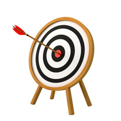 A wooden dartboard with a red arrow hitting the center target for precision.