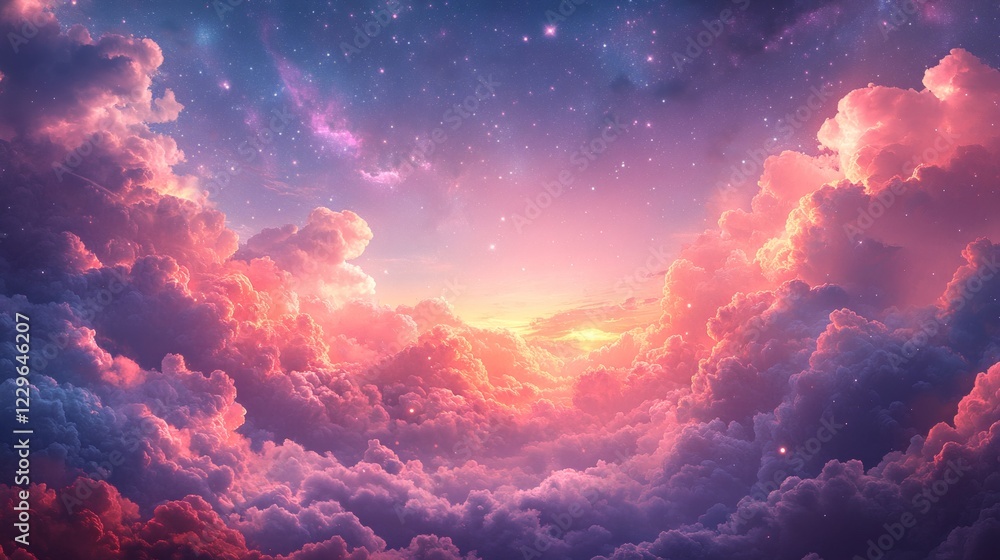 Poster colorful background featuring swirling fluffy clouds shimmering stars floating across a gradient sky