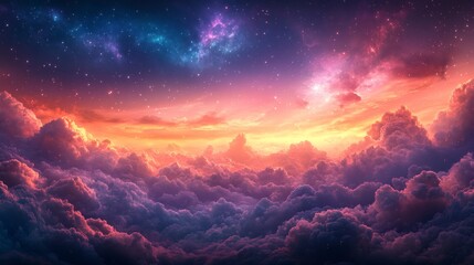 Colorful background featuring swirling fluffy clouds shimmering stars floating across a gradient sky of pinks and purples creating a serene and magical atmosphere