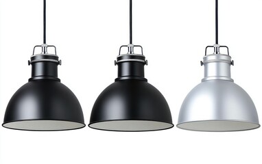 Three pendant lights, black and silver, hanging on white background