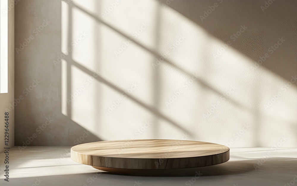 Poster 3d render of a podium background with a water reflection on a beige wall and a wooden stage, showcas