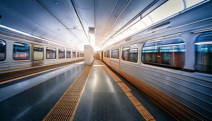 Subway train platform with empty tracks in a modern transportation hub at sunset