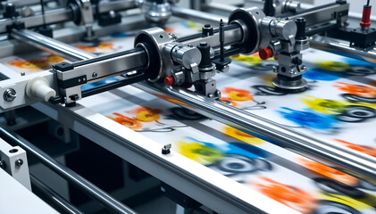 Closeup of a modern offset printing press in action. Colorful printed material moves rapidly along the machines rollers. The machinery is intricate and precise.