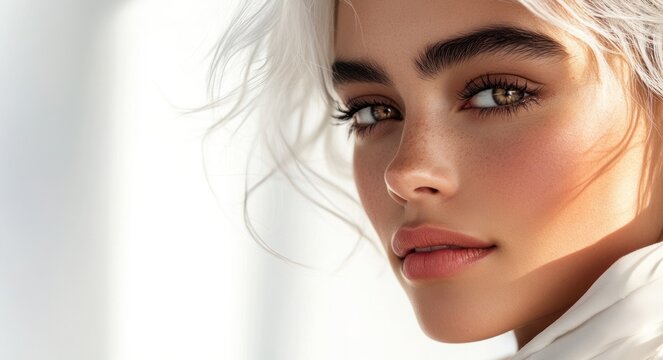 A close-up portrait of a beautiful woman with long white hair and make-up . Haircare, beauty and cosmetics concept.