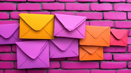 Colorful Envelopes on Vibrant Pink Brick Wall Background