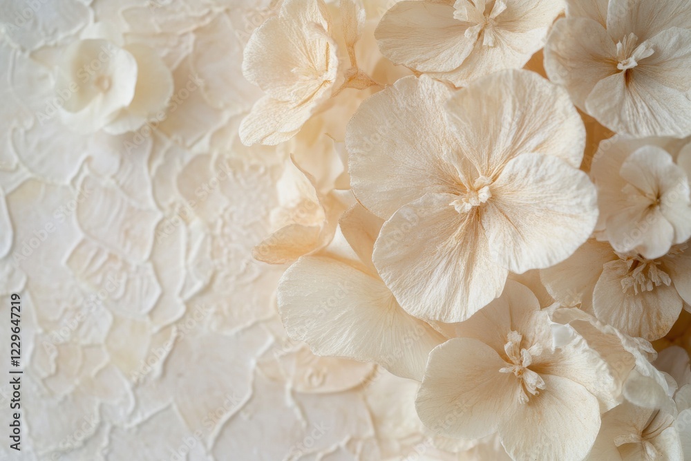Poster Delicate cream-colored flowers arranged beautifully against a textured light background in a serene setting
