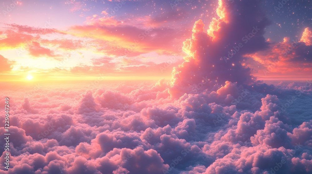 Poster colorful background fluffy clouds in shades of lavender and peach floating under a sky full of spark