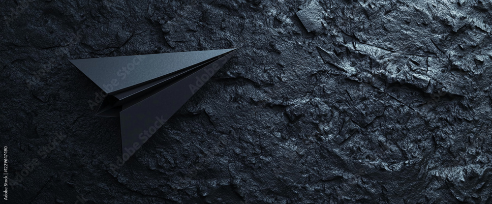 Poster black paper plane resting on a rugged dark textured background, symbolizing innovation, creativity, 