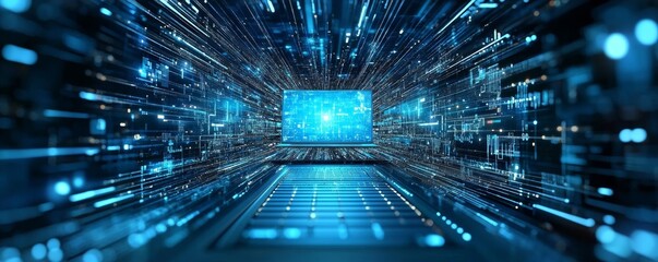 Fototapeta premium A glowing blue digital screen in a tunnel of digital data streams and lines. The screen is surrounded by flowing blue lines and dots, symbolizing fast-paced data transfer, technology, and progress