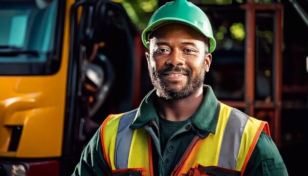 Garbage truck worker smiling during a routine collection shift in a vibrant neighborhood