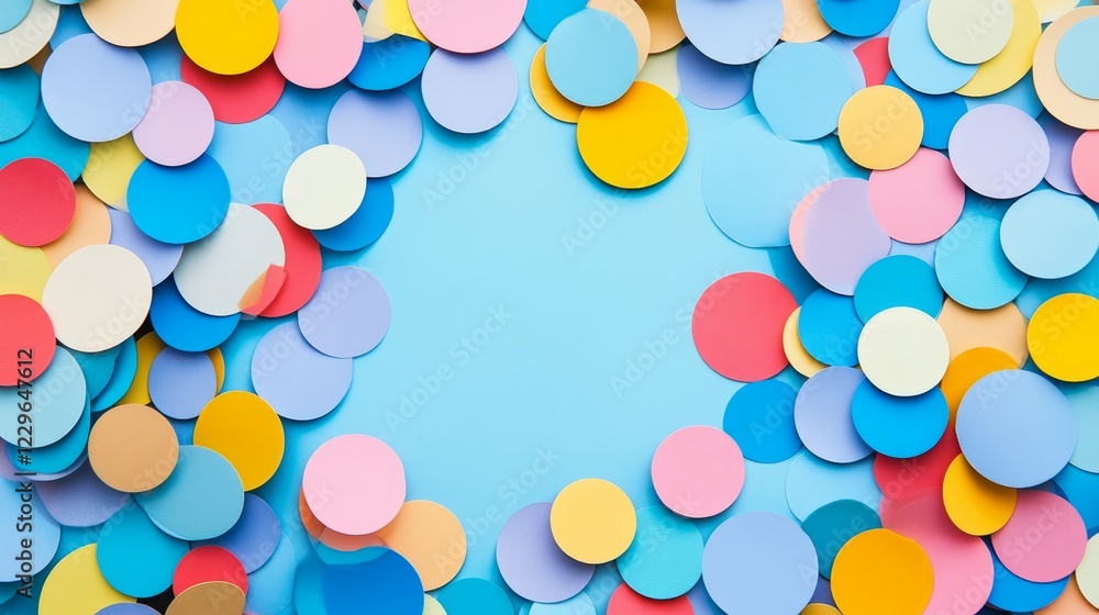 Poster a blue background with a bunch of colorful circles. the circles are of different sizes and colors. t