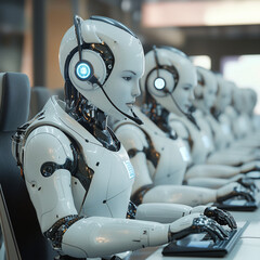 Futuristic AI Robots Working in a Call Center