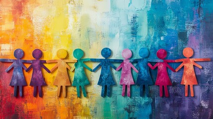 a line of colorful paper figures holding hands against a vibrant rainbow background.  The figures symbolize unity, diversity, and connection 