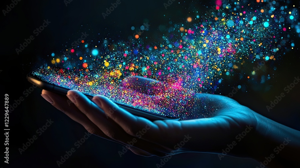 Poster a hand with a digital payment device, connected to a pos terminal chip, illustrating the future of c