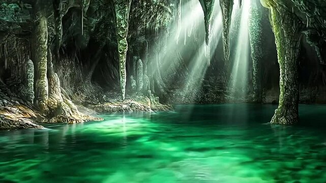 Sunbeams illuminate a hidden turquoise pool within a dark, stalactite-filled cavern