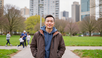 Confident Asian man smiling in urban park, spring fashion week vibe