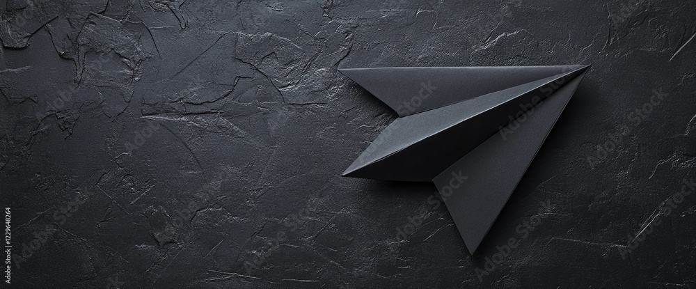 Poster black paper plane resting on a dark textured surface, representing creativity, simplicity, and moder