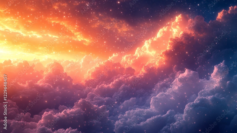 Poster colorful background fluffy clouds in shades of lavender and peach floating under a sky full of spark