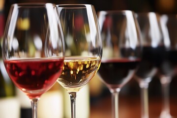 Wine tasting, row of crystal glasses filled with red, white and rose wine