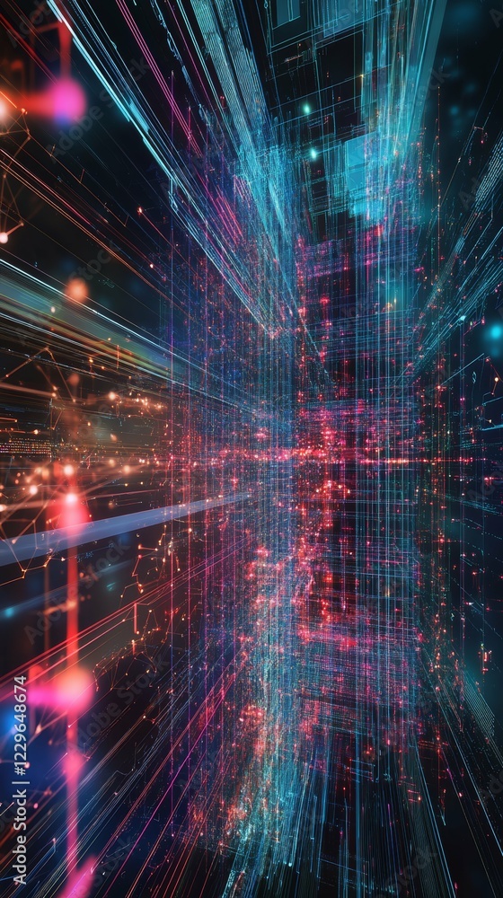 Poster futuristic digital data streams in neon cyberspace visualization
