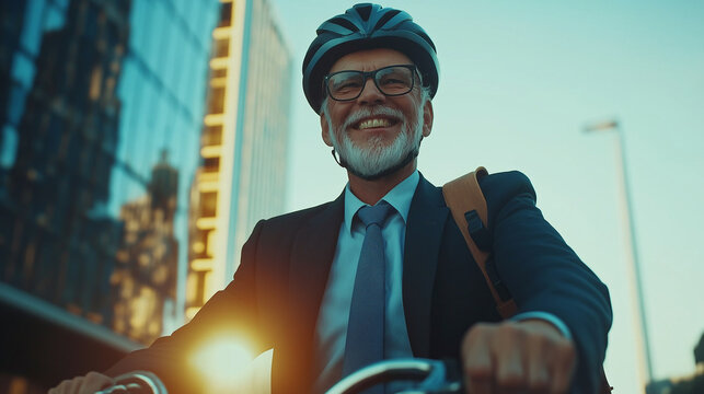 Radfahrender Gesch&auml;ftsmann in modernem urbanem Umfeld bei Nacht

