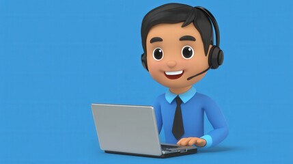 South Asian man providing virtual customer support on laptop with isolated blue background