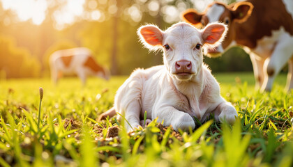 Obraz premium Newborn calf resting in green pasture at golden morning light, farm life