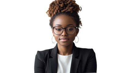 Young professional woman poses confidently in a black blazer and glasses against a plain background