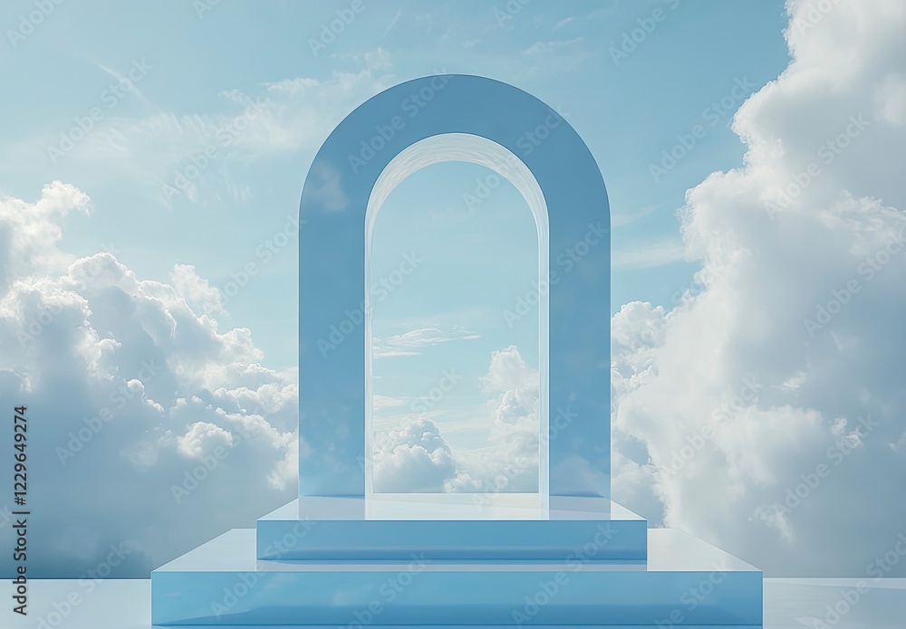 Poster 3d render of a blue background with an arch and podium for product presentation, a minimal design wi