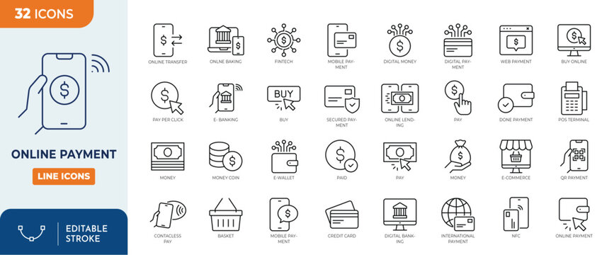 Online payment icon set. Outline Icon Collection. Vector illustration. Editable stroke	