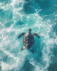 Fototapeta premium Majestic sea turtle swimming gracefully through vibrant turquoise waters, showcasing the beauty of marine life and ocean ecosystems in natural habitat