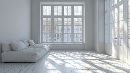 Fototapeta premium Serene Minimalist Room with Large Window and White Sofa
