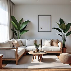 Scandinavian living room with neutral tones, reclaimed wood furniture and large ferns - 03