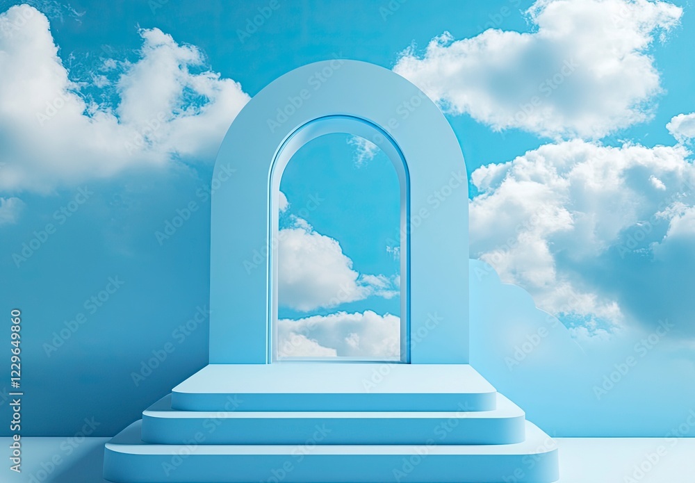 Poster 3d render of a blue background with an arch and podium for product presentation, a minimal design wi