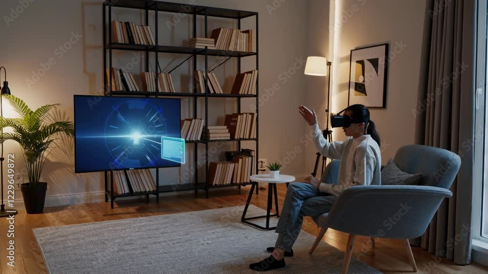 Poster exploring virtual environments with a hologram in a modern living room setup