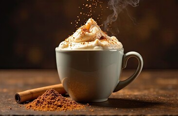 Delicious warm beverage with whipped cream and cinnamon on a rustic wooden surface