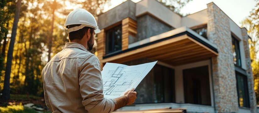 Architect reviewing blueprints in front of a new home construction.