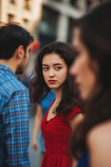 Woman in red dress looking at friends in city street during social gathering, capturing emotions of relationships, friendship dynamics, and urban lifestyle.