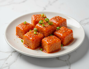 Garnished with sesame and green onions meatballs with tomato sauce