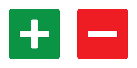 Green plus and red minus symbols. Thin-line vector icons representing positive and negative signs. Mathematical symbols for addition and subtraction, indicating right and wrong, pros and cons