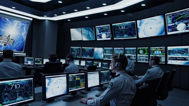 Control room monitoring spacecraft operations in a futuristic setting with advanced VFX and HUD elements