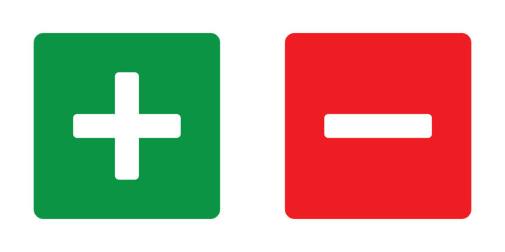 Green plus and red minus symbols. Thin-line vector icons representing positive and negative signs. Mathematical symbols for addition and subtraction, indicating right and wrong, pros and cons